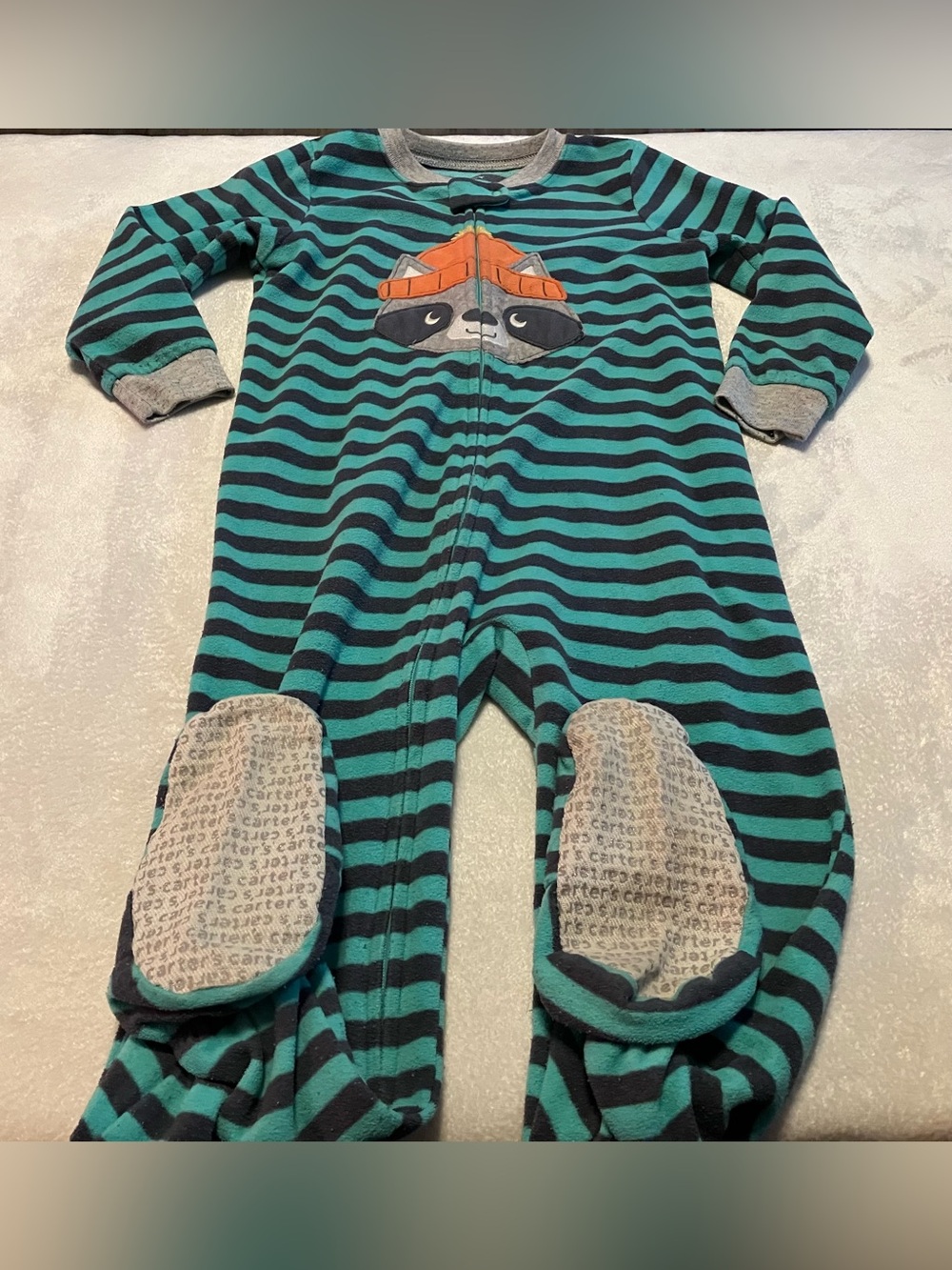 Carter's Teal and Gray Striped Raccoon Footed One-Piece